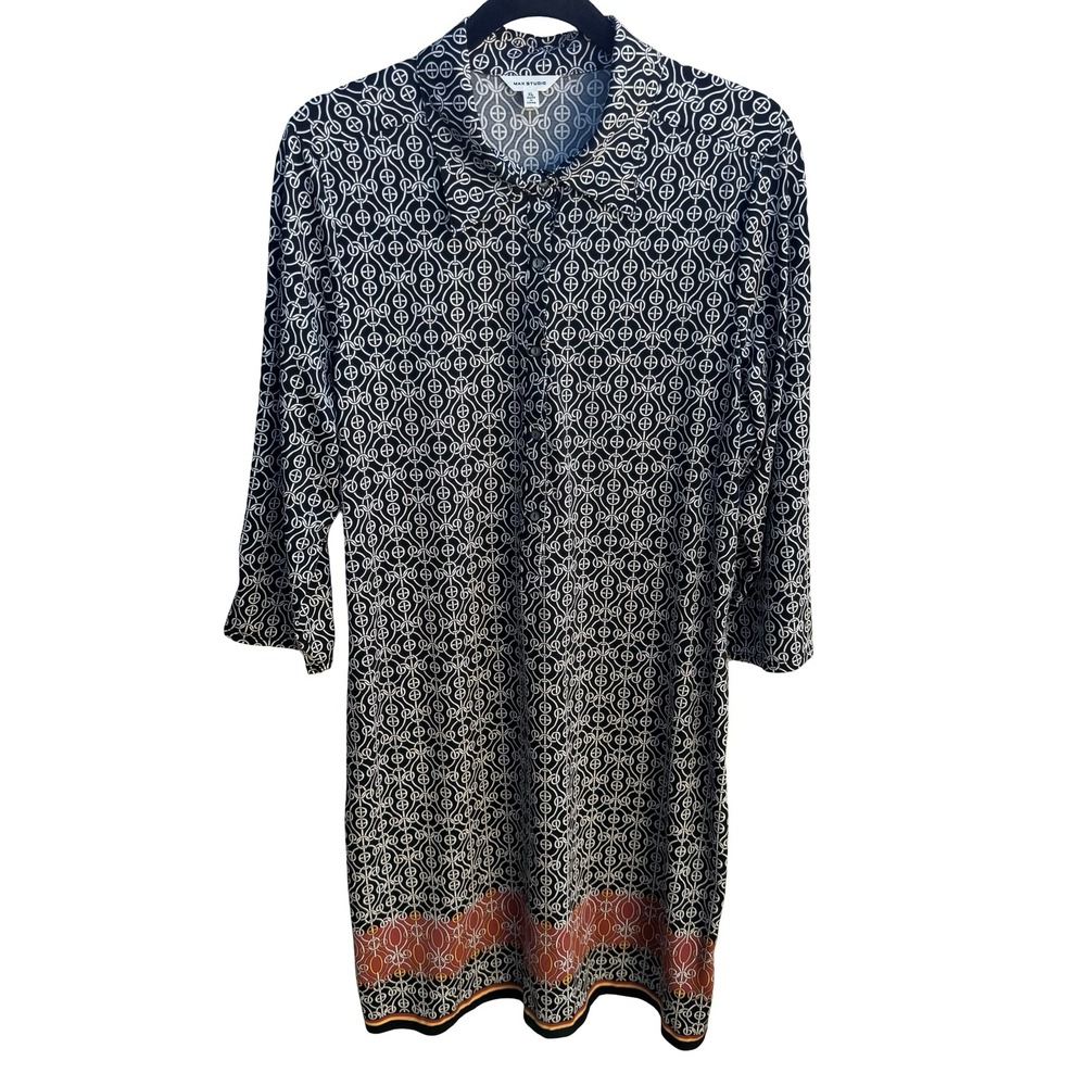 Max Studio Mod Geometric Chain Print 3/4 Sleeve Jersey Knit Shirt Dress Black XL